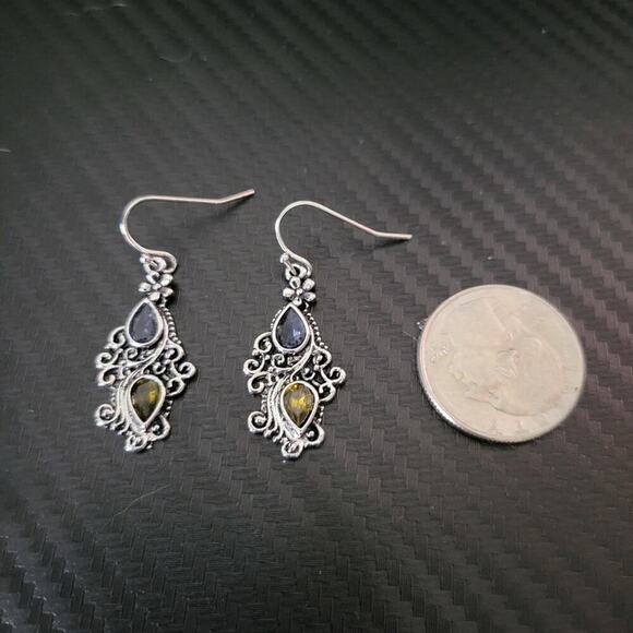 Floral filagree boho sliver tone earrings w/ blue & yellow teardrop rhinestones - Picture 4 of 5
